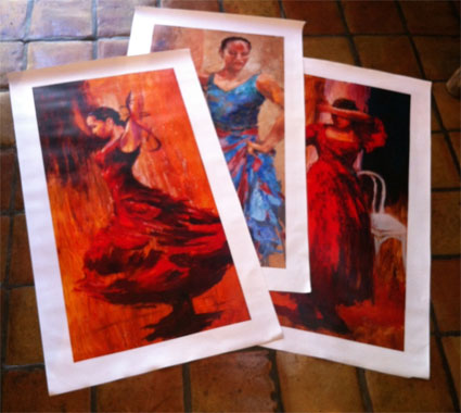 Prints of three paintings of flamenco dancers, on canvas