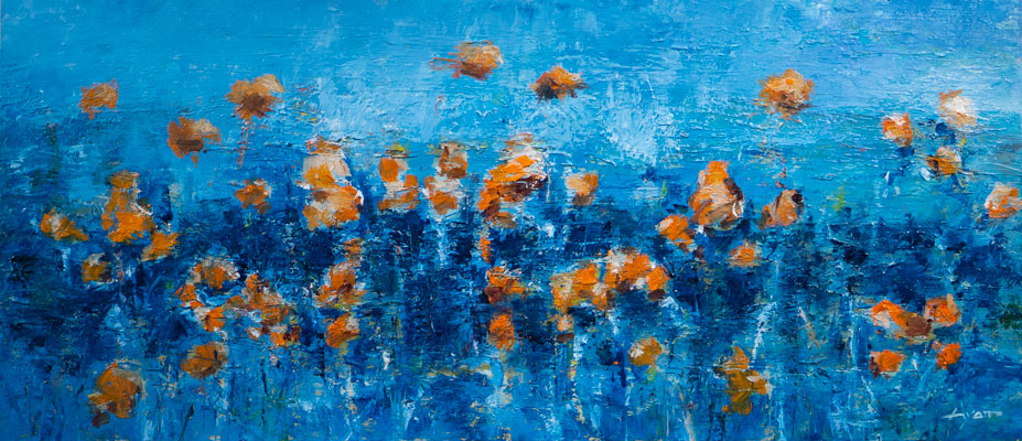 Peach Poppies on Blue