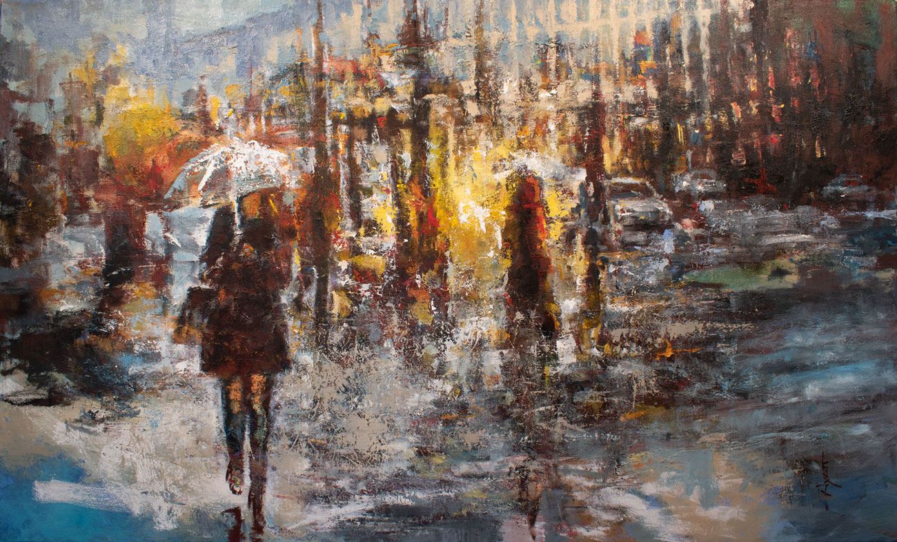 Rainy Reflections Autumn Evening Acrylic Palette Knife Painting by
