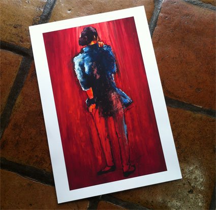 Print of woman on red background, on paper